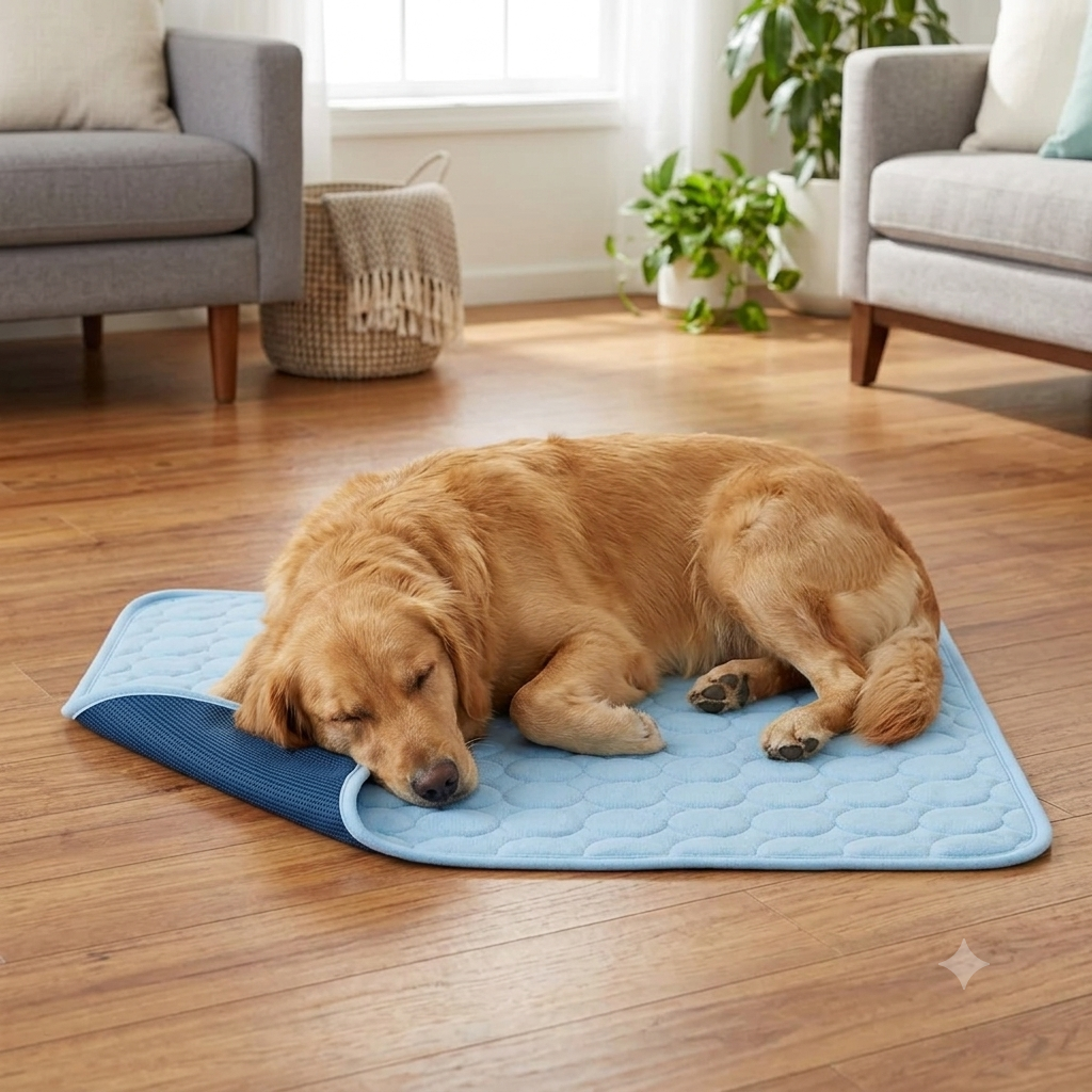 Golden retriever sleeping on the cooling mat on a wood floor