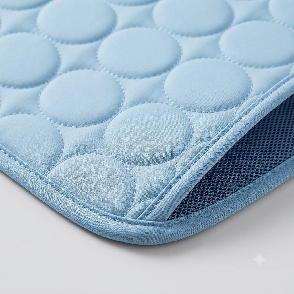 Close-up of the quilted ice silk fabric, stitching and mesh edge