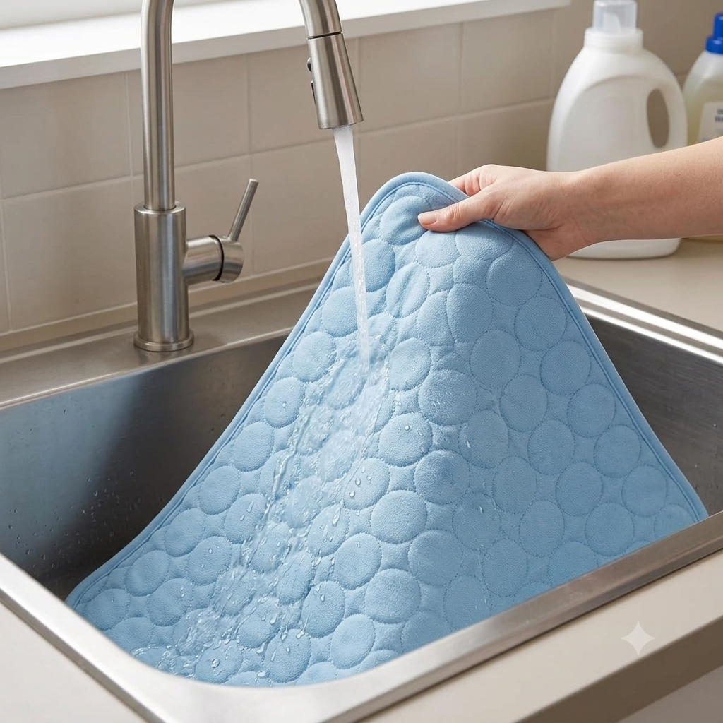 Machine-washable cooling mat being rinsed in a kitchen sink