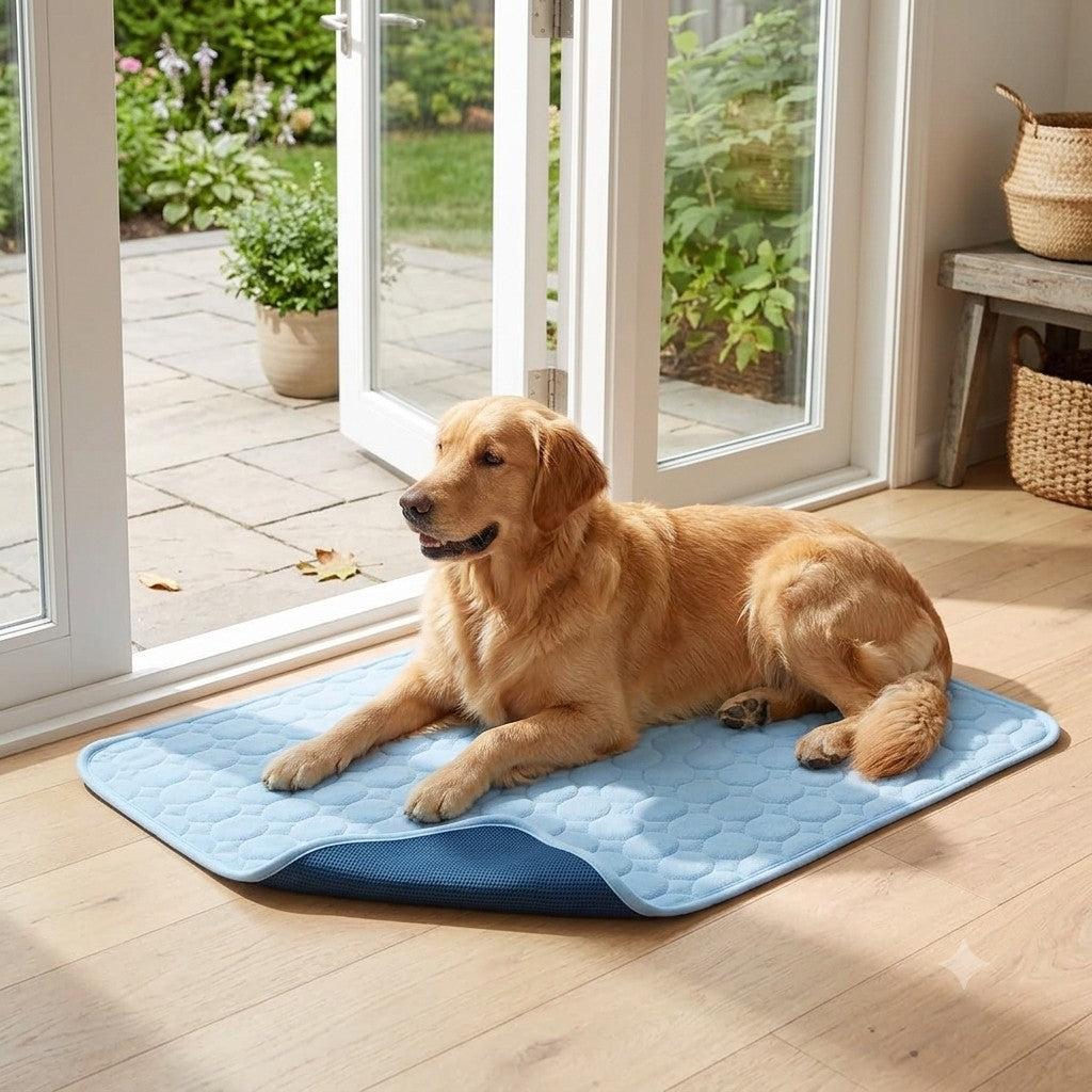 Golden retriever resting on the cooling mat by a patio door