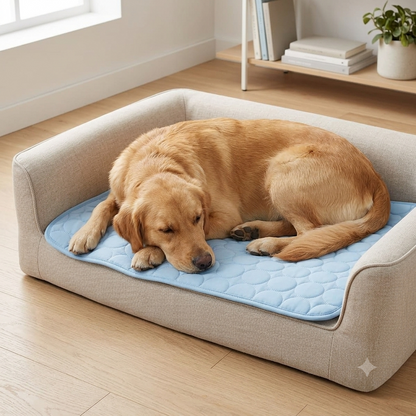 Dog lying on the cooling mat used as a pet bed liner