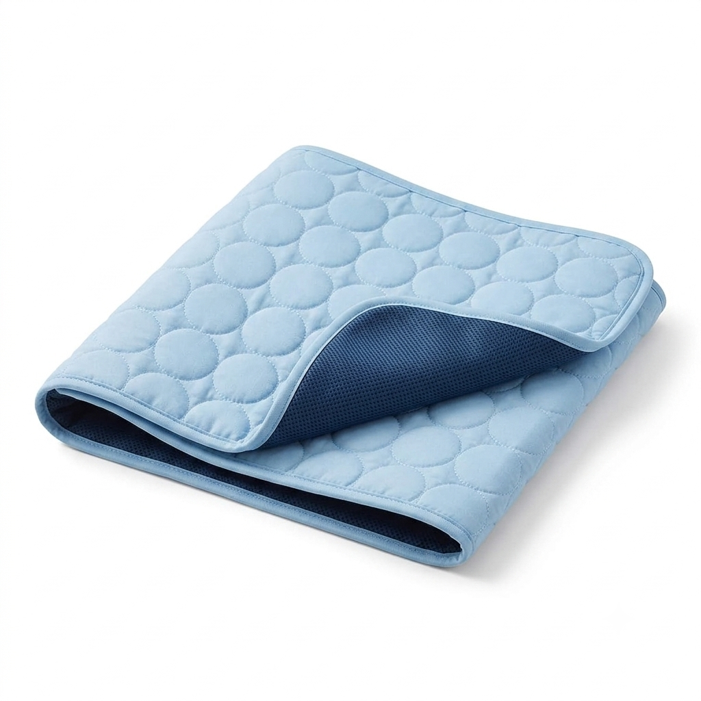 Cooling mat folded up, showing it is lightweight and portable